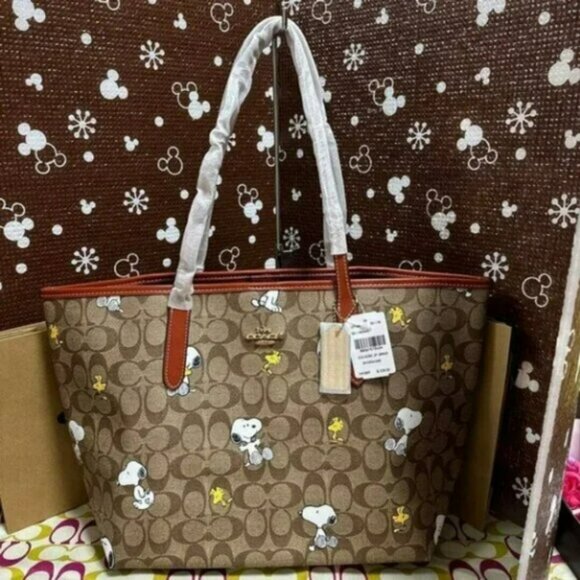 Coach Brown and Red Snoopy Tote - Picture 1 of 6
